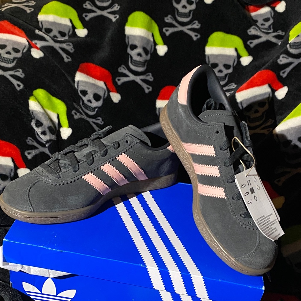 adidas Kids Gray Suede Sneakers with Pink Stripes